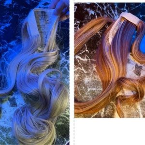 Lot of two pony tail hairpieces brown with blonde and blonde..